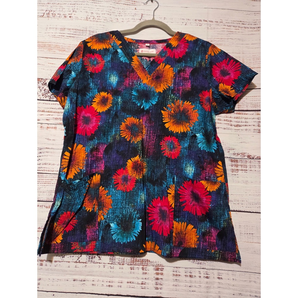 White Cross Womens Scrub Top Medium M Floral Sunflower V-Neck 100% Cotton